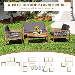 4-Piece Garden Wicker Patio Furniture Set Outdoor Acacia Wood Conversation Set