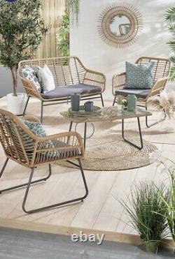 4 Piece Outdoor Natural Bamboo Wicker Effect Sofa Lounge Garden Furniture Set