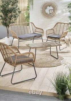 4 Piece Outdoor Natural Bamboo Wicker Effect Sofa Lounge Garden Furniture Set