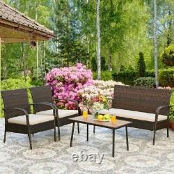 4 Piece Rattan Furniture Set with Cushioned Chairs and Loveseat