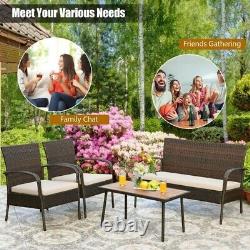 4 Piece Rattan Furniture Set with Cushioned Chairs and Loveseat