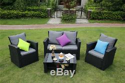 4-Piece Rattan Garden Furniture Outdoor Patio Sofa Set Coffee Table Chairs Black
