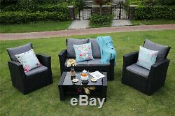 4-Piece Rattan Garden Furniture Outdoor Patio Sofa Set Coffee Table Chairs Black