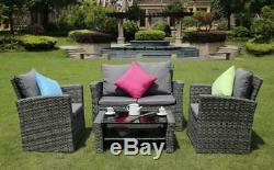 4-Piece Rattan Sofa Garden Furniture Patio Set Table Chairs Grey with Rain Cover