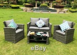 4-Piece Rattan Sofa Garden Furniture Patio Set Table Chairs Grey with Rain Cover