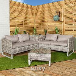 4 Seater Grey Rattan Chair Garden Sofa Set with Glass Table Top Corner Furniture