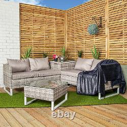 4 Seater Grey Rattan Chair Garden Sofa Set with Glass Table Top Corner Furniture