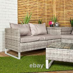 4 Seater Grey Rattan Chair Garden Sofa Set with Glass Table Top Corner Furniture