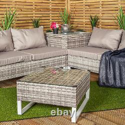 4 Seater Grey Rattan Chair Garden Sofa Set with Glass Table Top Corner Furniture