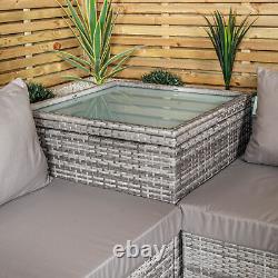 4 Seater Grey Rattan Chair Garden Sofa Set with Glass Table Top Corner Furniture