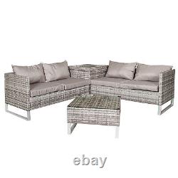 4 Seater Grey Rattan Chair Garden Sofa Set with Glass Table Top Corner Furniture