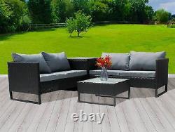 4 Seater Rattan Corner Sofa Set Garden Furniture Storage Box Glass Table Black