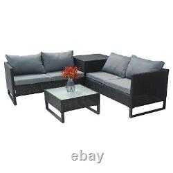 4 Seater Rattan Corner Sofa Set Garden Furniture Storage Box Glass Table Black