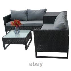 4 Seater Rattan Corner Sofa Set Garden Furniture Storage Box Glass Table Black