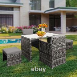 4 Seater Rattan Garden Furniture Set Dining Table Chair Stool with Cushion Outdoor