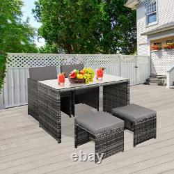 4 Seater Rattan Garden Furniture Set Dining Table Chair Stool with Cushion Outdoor