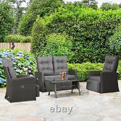 4 Seater Rattan Garden Furniture Set with Reclining Back, Cushion, Grey