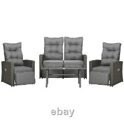 4 Seater Rattan Garden Furniture Set with Reclining Back, Cushion, Grey