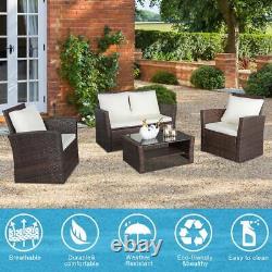 4PC Rattan Furniture Sofa Set Chairs Coffee Table Brown White Cushions Garden