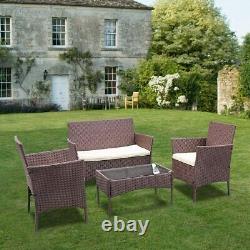 4PCS Brown Rattan Garden Furniture Outdoor Sofa Chair Table Patio Conservatory