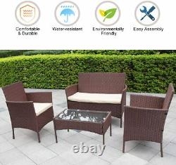 4PCS Brown Rattan Garden Furniture Outdoor Sofa Chair Table Patio Conservatory