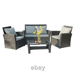 4PCS Garden Rattan Furniture Armchair Sofa Glass Coffee Table Patio Set Black