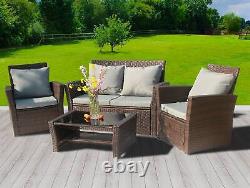 4PCS Garden Rattan Furniture Armchair Sofa Glass Coffee Table Patio Set Brown