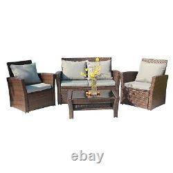 4PCS Garden Rattan Furniture Armchair Sofa Glass Coffee Table Patio Set Brown