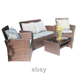 4PCS Garden Rattan Furniture Armchair Sofa Glass Coffee Table Patio Set Brown