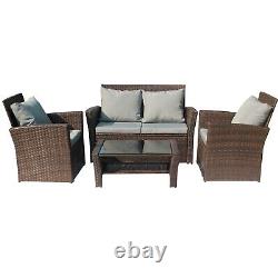 4PCS Garden Rattan Furniture Armchair Sofa Glass Coffee Table Patio Set Brown