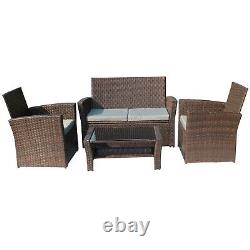 4PCS Garden Rattan Furniture Armchair Sofa Glass Coffee Table Patio Set Brown