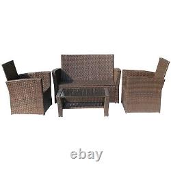 4PCS Garden Rattan Furniture Armchair Sofa Glass Coffee Table Patio Set Brown