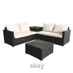 4PCS Rattan Furniture Set Garden Corner Sofa Table Cushions Storage Box with Cover