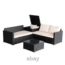 4PCS Rattan Furniture Set Garden Corner Sofa Table Cushions Storage Box with Cover