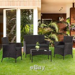 4pc Garden Rattan Black Furniture Set Patio Glass Table Chair Sofa Relax Outdoor