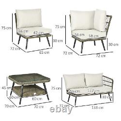 5 PCS Rattan Corner Sofa, Rattan Garden Furniture with Glass Top Two-tier Table