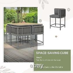 5 PCs Rattan Dining Sets, Cube Garden Furniture with Space-saving Design, Grey