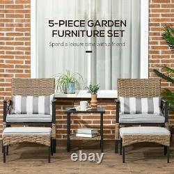 5 Piece PE Rattan Garden Furniture Set, 2 Armchairs, 2 Stools, Steel