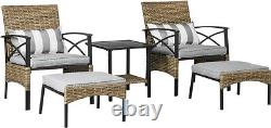 5 Piece PE Rattan Garden Furniture Set, 2 Armchairs, 2 Stools, Steel