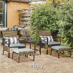 5 Piece PE Rattan Garden Furniture Set, 2 Armchairs, 2 Stools, Steel