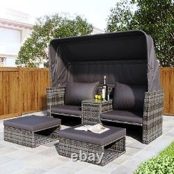 5-Piece Rattan Garden Furniture Daybed With Table Set Canopy Outdoor Sofa Patio