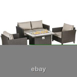 5 Pieces Rattan Garden Furniture Set with Gas Fire Pit Table, Cushion
