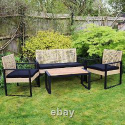 5 Seater Garden Lounge Set PE Rattan Wood Tabletop Black Frame Outdoor Furniture