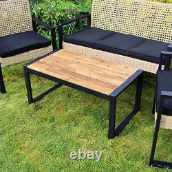 5 Seater Garden Lounge Set PE Rattan Wood Tabletop Black Frame Outdoor Furniture