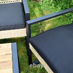 5 Seater Garden Lounge Set PE Rattan Wood Tabletop Black Frame Outdoor Furniture