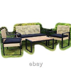 5 Seater Garden Lounge Set PE Rattan Wood Tabletop Black Frame Outdoor Furniture