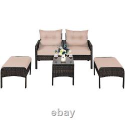 5PCS Rattan Garden Furniture Set 4-Seater Cushioned Sofa Chair With Glass Table