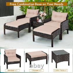 5PCS Rattan Garden Furniture Set 4-Seater Cushioned Sofa Chair With Glass Table