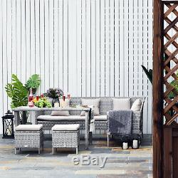 5Pcs Rattan Dining Set with Sofa, Coffee Table Footstool Garden Furniture