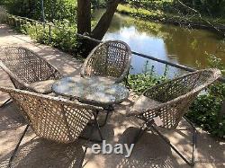 5pc Rattan Garden Bistro Furniture Set 4 Chairs & Large Coffee Table Grey/Brown